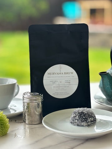 Gift Set: Nervana Brew 2oz Bag + Stainless Steel Tea Infuser + enci sweets Chocolate Snowballs